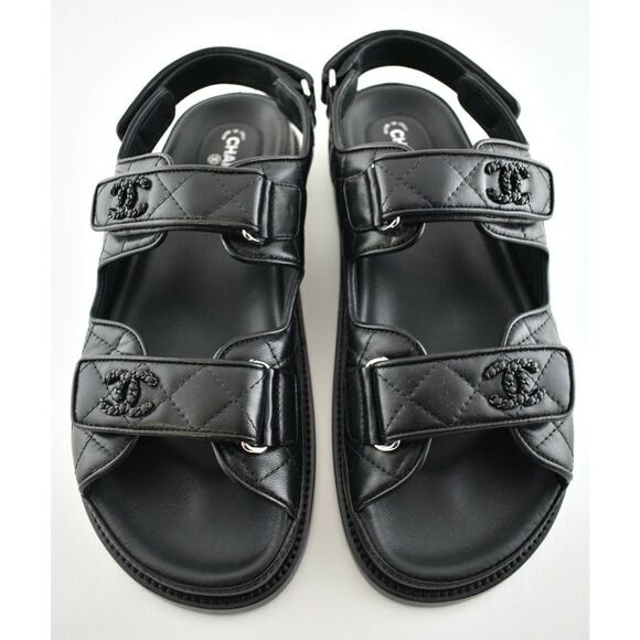Chanel Black Leather Quilted Chain CC Logo Mule Slide Strap Flat Dad Sandal 37.5 - Picture 1 of 12